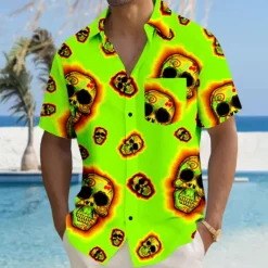 Men's Skull Halloween Costumes Beach Shirt Summer Hawaiian Shirt Button Up Shirt Short Sleeves Shirt Collared Shirts Hawaiian Vacation Daily Red Fuchsia Green S M L