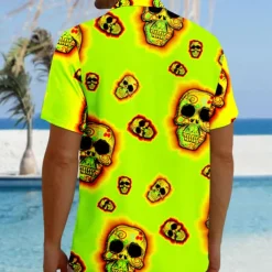 Men's Skull Halloween Costumes Beach Shirt Summer Hawaiian Shirt Button Up Shirt Short Sleeves Shirt Collared Shirts Hawaiian Vacation Daily Red Fuchsia Green S M L