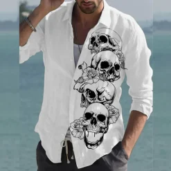 Men's Skull Halloween Costumes Shirt Button Up Shirt Long Sleeve Fashion Designer Casual Outdoor Casual Daily Spring & Fall Turndown Print Button-Down White