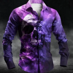 Men's Skull Halloween Costumes Button Up Shirt Long Sleeve Dark Party Evening Wear Daily Fall Winter Spring & Summer Shirt Collar Button Up 3D Print Purple Fuchsia Green