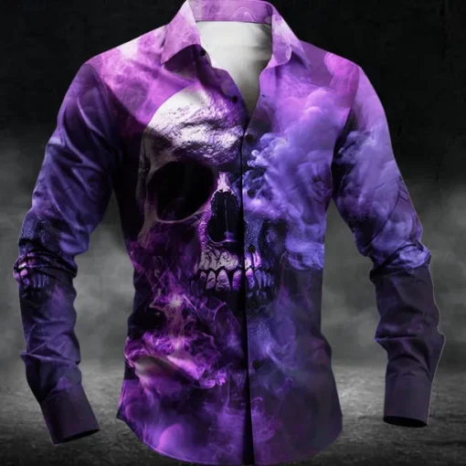 Men's Skull Halloween Costumes Button Up Shirt Long Sleeve Dark Party Evening Wear Daily Fall Winter Spring & Summer Shirt Collar Button Up 3D Print Purple Fuchsia Green