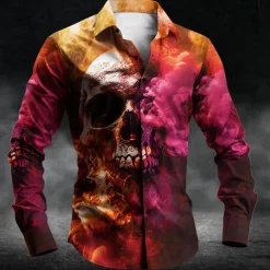 Men's Skull Halloween Costumes Button Up Shirt Long Sleeve Dark Party Evening Wear Daily Fall Winter Spring & Summer Shirt Collar Button Up 3D Print Purple Fuchsia Green