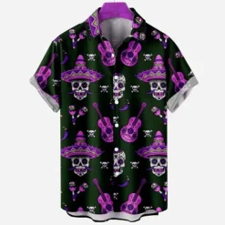 Men's Skull Halloween Costumes Shirt Short Sleeves Fashion Designer Casual Outdoor Halloween Street Summer Spring Turndown Print Button-Down Navy Blue Blue Purple Green