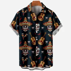 Men's Skull Halloween Costumes Shirt Short Sleeves Fashion Designer Casual Outdoor Halloween Street Summer Spring Turndown Print Button-Down Navy Blue Blue Purple Green