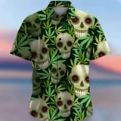 Men's Skull Halloween Costumes Button Up Shirt Short Sleeve Hawaiian Casual Vacation Party Evening Wear Daily Summer Collared Shirts Button Up 3D Print Green