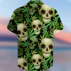 Men's Skull Halloween Costumes Button Up Shirt Short Sleeve Hawaiian Casual Vacation Party Evening Wear Daily Summer Collared Shirts Button Up 3D Print Green