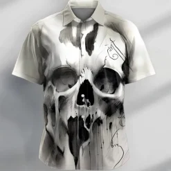Men's Skull Halloween Costumes Shirt Short Sleeve Casual Dark Party Daily Holiday Summer Turndown Buttons Print Gray