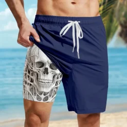 Men's Skull Lined Shorts 2 in 1 Board Shorts Swim Shorts Mid Waist Hawaiian Casual Vacation Holiday Beach Wear Side Pockets Color Block With Compression Liner Designer Clothing Apparel