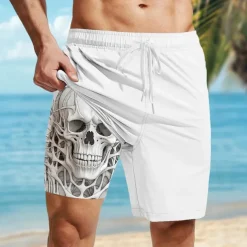 Men's Skull Lined Shorts 2 in 1 Board Shorts Swim Shorts Mid Waist Hawaiian Casual Vacation Holiday Beach Wear Side Pockets Color Block With Compression Liner Designer Clothing Apparel