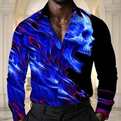 Men's Skull Shirt Satin Shirt Dress Shirt Long Sleeve Dark Punk Gothic Style Vacation Dailywear Summer Spring Fall Turndown 3D Print Button Up Shirts Red Dark Blue