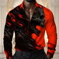 Men's Skull Shirt Satin Shirt Dress Shirt Long Sleeve Dark Punk Gothic Style Vacation Dailywear Summer Spring Fall Turndown 3D Print Button Up Shirts Red Dark Blue