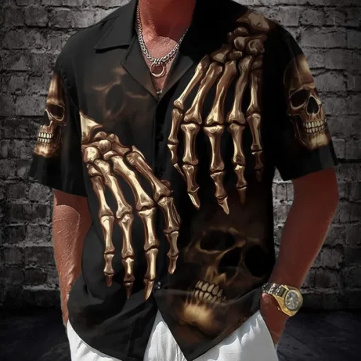 Men's Skull Skeleton Death Shirt Cuban Collar Shirt Button Up Shirt Short Sleeve Dark Gothic Style Holiday Streetwear Summer Camp Collar Shirt 3D Print Black 1 Black