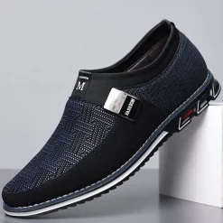 Men's Slip-On Casual Loafers – Black and Gray Patterned Breathable Shoes with Metal Buckle, Comfortable and Lightweight for Everyday Wear