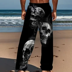 Men's Smoke Halloween Costumes Skulls Trousers Baggy Pants Casual Pants Mid Waist Dark Gothic Style Holiday Streetwear Elastic Drawstring Waist Linen-Like Pants with Pockets Summer Spring 3D Print