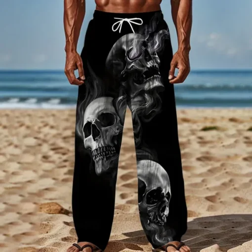 Men's Smoke Halloween Costumes Skulls Trousers Baggy Pants Casual Pants Mid Waist Dark Gothic Style Holiday Streetwear Elastic Drawstring Waist Linen-Like Pants with Pockets Summer Spring 3D Print
