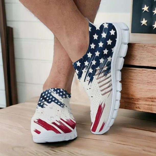 Men's Sneakers Loafers & Slip-Ons Casual Shoes Print Shoes Flyknit Shoes Sporty Casual Outdoor Daily Independence Day Knit Mesh Breathable Massage Comfortable Loafer White
