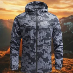Men's Softshell Jacket Hiking Jacket Outdoor Camouflage Sun Protection Windproof Quick Dry Jacket Hoodie Full Zip Traveling Navy Blue Blue Grey