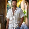 Men's Solid Color Linen Shirt Casual Shirt Button Up Shirt Short Sleeve Vacation Daily Sports & Outdoors Causal Athleisure Turndown Buttons White