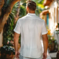 Men's Solid Color Linen Shirt Casual Shirt Button Up Shirt Short Sleeve Vacation Daily Sports & Outdoors Causal Athleisure Turndown Buttons White