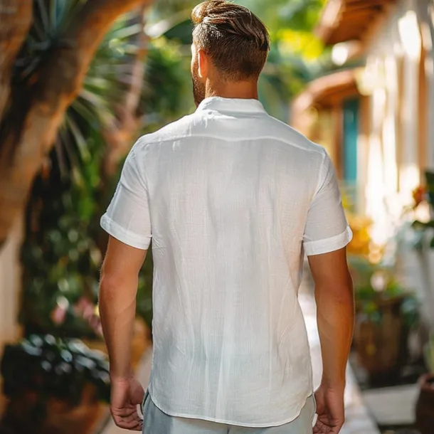 Men's Solid Color Linen Shirt Casual Shirt Button Up Shirt Short Sleeve Vacation Daily Sports & Outdoors Causal Athleisure Turndown Buttons White