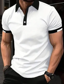 Men's Sport Polo Golf Shirt Casual Sports Tops Ribbed Polo Collar Short Sleeve Fashion Basic Solid Color Patchwork Summer Regular Fit Black White Red Blue Green Sport Polo