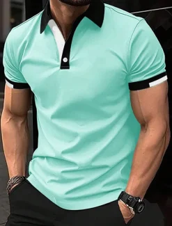 Men's Sport Polo Golf Shirt Casual Sports Tops Ribbed Polo Collar Short Sleeve Fashion Basic Solid Color Patchwork Summer Regular Fit Black White Red Blue Green Sport Polo