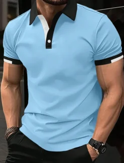 Men's Sport Polo Golf Shirt Casual Sports Tops Ribbed Polo Collar Short Sleeve Fashion Basic Solid Color Patchwork Summer Regular Fit Black White Red Blue Green Sport Polo