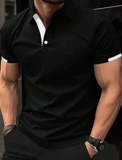 Men's Sport Polo Golf Shirt Casual Sports Tops Ribbed Polo Collar Short Sleeve Fashion Basic Solid Color Patchwork Summer Regular Fit Black White Red Blue Green Sport Polo