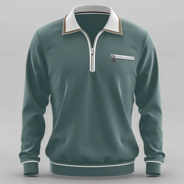 Men's Sport Polo Quarter Zip Polo Street Vacation Quarter Zip Long Sleeve Fashion Basic Solid Color Pocket Spring & Fall Regular Fit Green Dark Grey Sport Polo