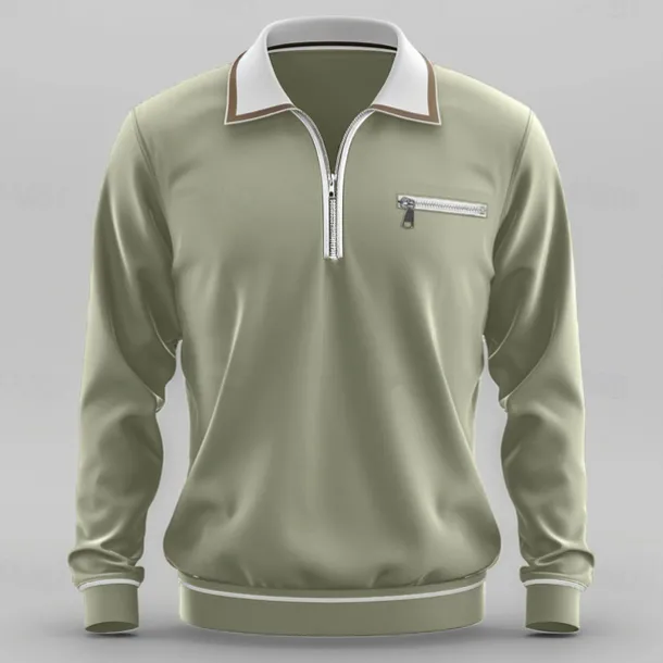 Men's Sport Polo Quarter Zip Polo Street Vacation Quarter Zip Long Sleeve Fashion Basic Solid Color Pocket Spring & Fall Regular Fit Green Dark Grey Sport Polo