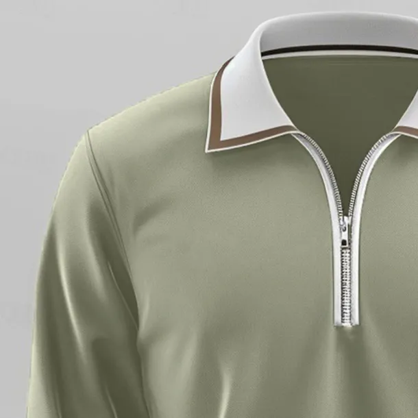 Men's Sport Polo Quarter Zip Polo Street Vacation Quarter Zip Long Sleeve Fashion Basic Solid Color Pocket Spring & Fall Regular Fit Green Dark Grey Sport Polo