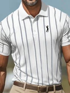 Men's Sports Polo Shirts Sports Lapel Short Sleeve Vertical Stripes Buttons Summer Robin's Egg Blue White Green Sports Polo Shirts