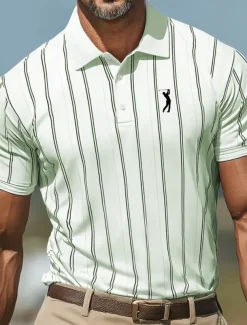 Men's Sports Polo Shirts Sports Lapel Short Sleeve Vertical Stripes Buttons Summer Robin's Egg Blue White Green Sports Polo Shirts