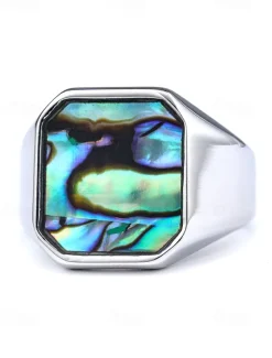Men's square streamer shell stainless steel ring, gold and silver, fashionable and individual, suitable for daily vacation wear and casual gatherings