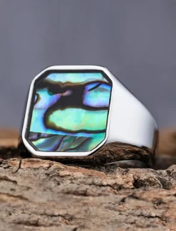 Men's square streamer shell stainless steel ring, gold and silver, fashionable and individual, suitable for daily vacation wear and casual gatherings