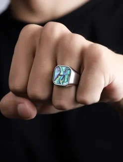 Men's square streamer shell stainless steel ring, gold and silver, fashionable and individual, suitable for daily vacation wear and casual gatherings