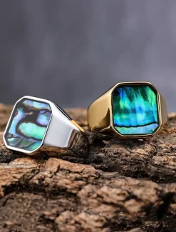 Men's square streamer shell stainless steel ring, gold and silver, fashionable and individual, suitable for daily vacation wear and casual gatherings