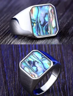 Men's square streamer shell stainless steel ring, gold and silver, fashionable and individual, suitable for daily vacation wear and casual gatherings