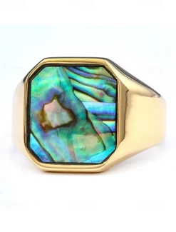 Men's square streamer shell stainless steel ring, gold and silver, fashionable and individual, suitable for daily vacation wear and casual gatherings