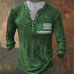 Men's St. Patrick Shamrock American Flag Henley Shirt T shirt Tee Tee Top Long Sleeve 3D Print Fashion Designer Basic Vacation St.Patrick's Day Street Spring & Fall Black Dark Green Green Gray Henley