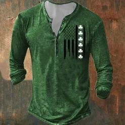 Men's St. Patrick Shamrock American Flag Henley Shirt T shirt Tee Tee Top Long Sleeve 3D Print Fashion Designer Basic Vacation St.Patrick's Day Street Spring & Fall Black Dark Green Green Gray Henley