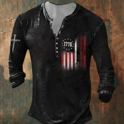 Men's St. Patrick Shamrock American Flag Henley Shirt T shirt Tee Tee Top Long Sleeve 3D Print Fashion Designer Basic Vacation St.Patrick's Day Street Spring & Fall Black Dark Green Green Gray Henley