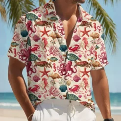 Men's Starfish Turtles Sea Creatures Shirt Summer Hawaiian Shirt Button Up Shirt Short Sleeve Hawaiian Resort Vacation Holiday Beach Wear Summer Spring Turndown 3D Print Collared Shirts Pink Apricot