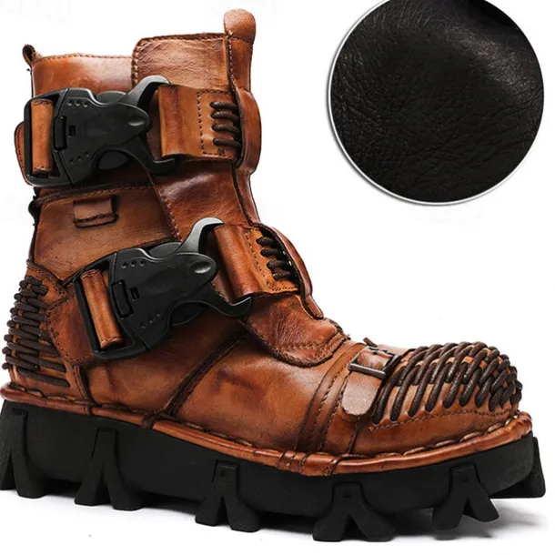Men's Steampunk Motorcycle Boots with Double Buckle Straps and Rugged Sole, Brown Leather Gothic Footwear for Riding and Cosplay