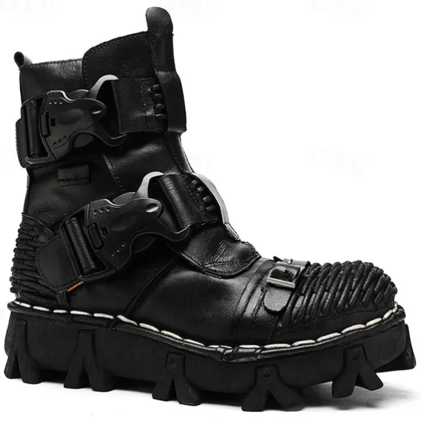 Men's Steampunk Motorcycle Boots with Double Buckle Straps and Rugged Sole, Brown Leather Gothic Footwear for Riding and Cosplay