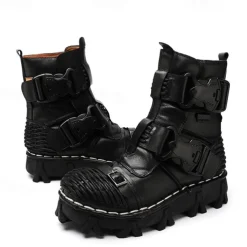 Men's Steampunk Motorcycle Boots with Double Buckle Straps and Rugged Sole, Brown Leather Gothic Footwear for Riding and Cosplay