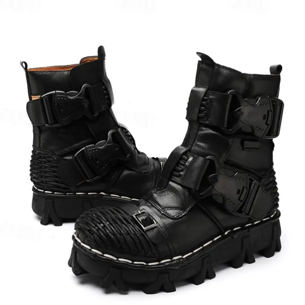 Men's Steampunk Motorcycle Boots with Double Buckle Straps and Rugged Sole, Brown Leather Gothic Footwear for Riding and Cosplay