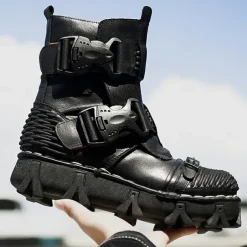 Men's Steampunk Motorcycle Boots with Double Buckle Straps and Rugged Sole, Brown Leather Gothic Footwear for Riding and Cosplay