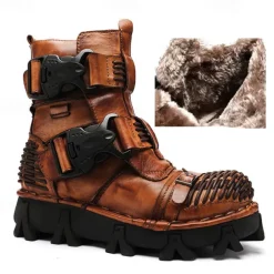 Men's Steampunk Motorcycle Boots with Double Buckle Straps and Rugged Sole, Brown Leather Gothic Footwear for Riding and Cosplay