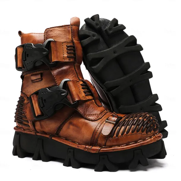 Men's Steampunk Motorcycle Boots with Double Buckle Straps and Rugged Sole, Brown Leather Gothic Footwear for Riding and Cosplay